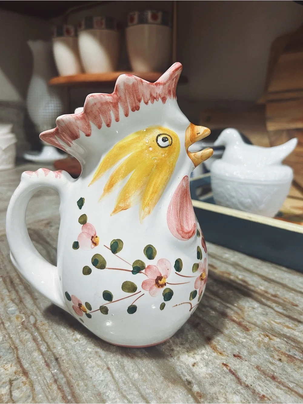 Hand painted Italian majolica pottery, rooster shaped ceramic pitcher